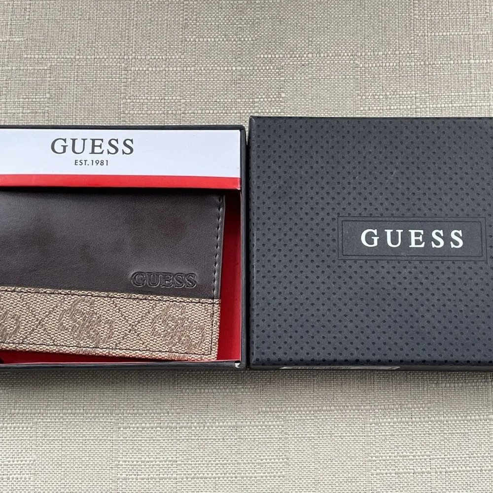 Guess Men Billfold Cardholder Brown Leather Bifold Wallet Purse New In Box - Picture 2 of 12